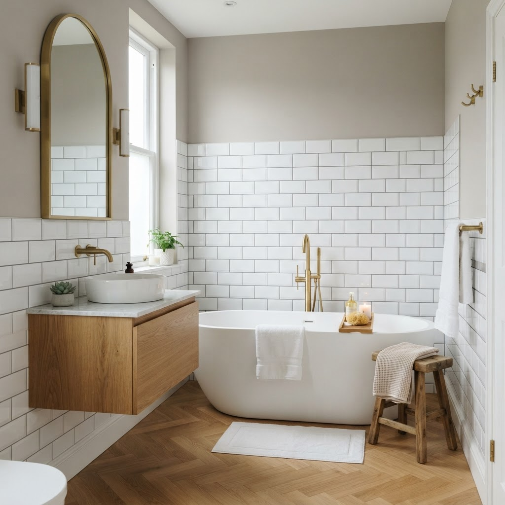 Freshly fitted bathroom with metro tiles and freestanding bath