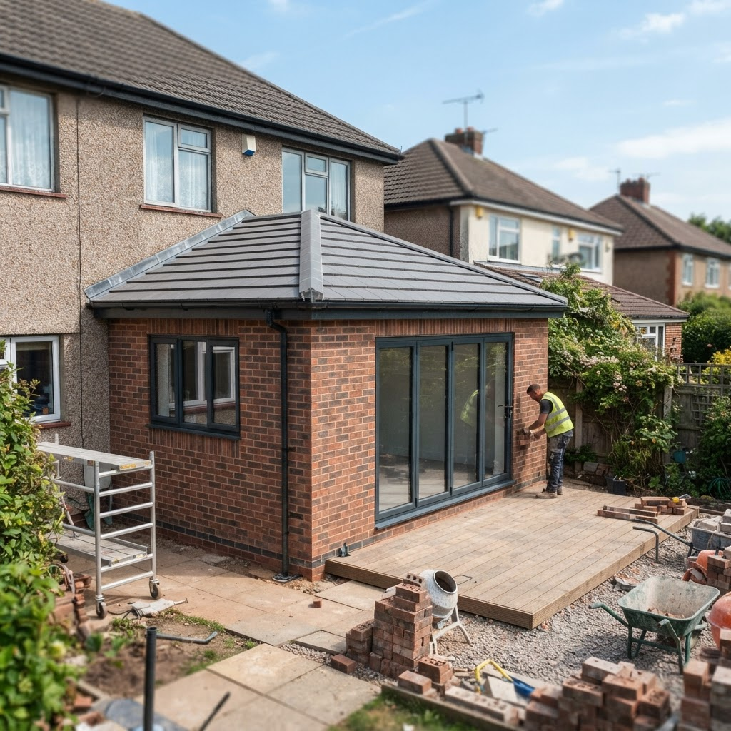 Single storey brick extension with tiled roof