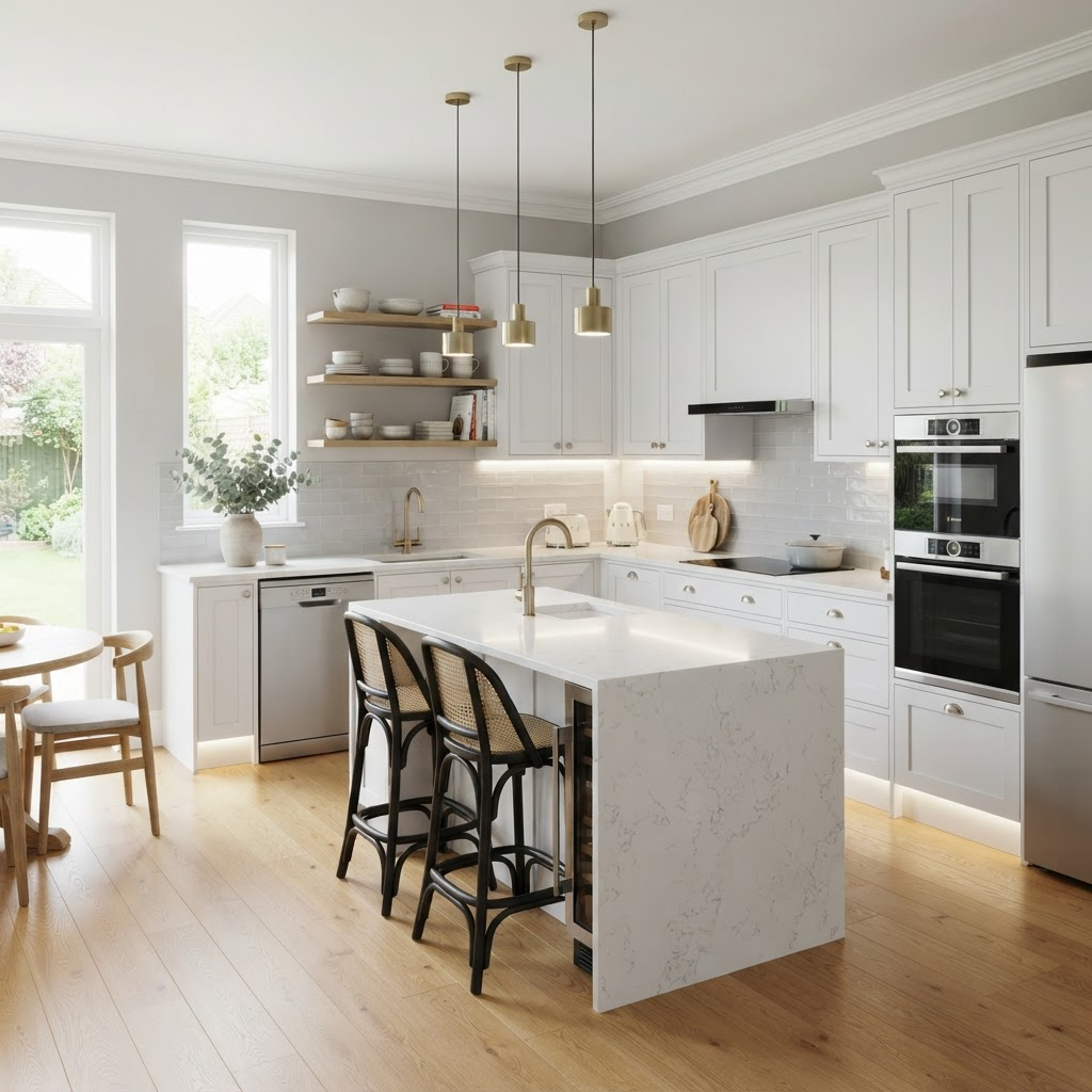 Newly installed modern kitchen with shaker cabinets and quartz worktops