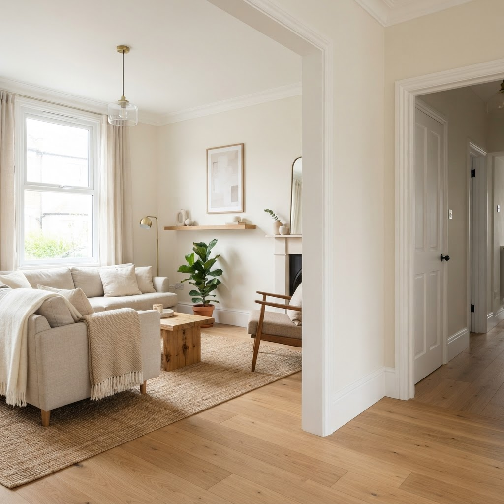 Freshly painted living room with clean white finish