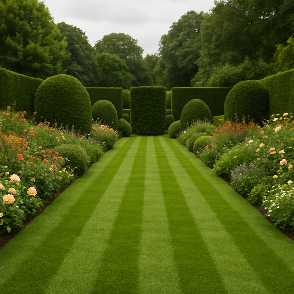 Freshly maintained striped lawn and hedges