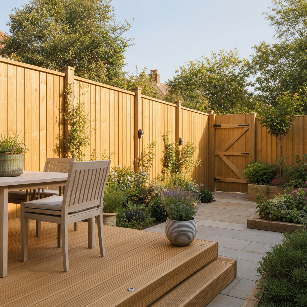 New timber fencing and decking in a garden